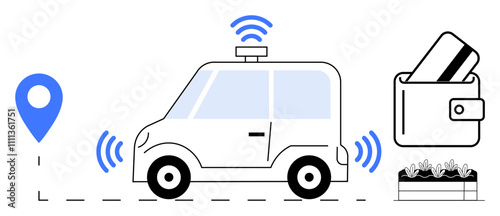 Self-driving car on a GPS-guided route, emitting sensor signals, with a digital wallet containing cards. Ideal for smart cities, technology presentations, automotive industry, transportation