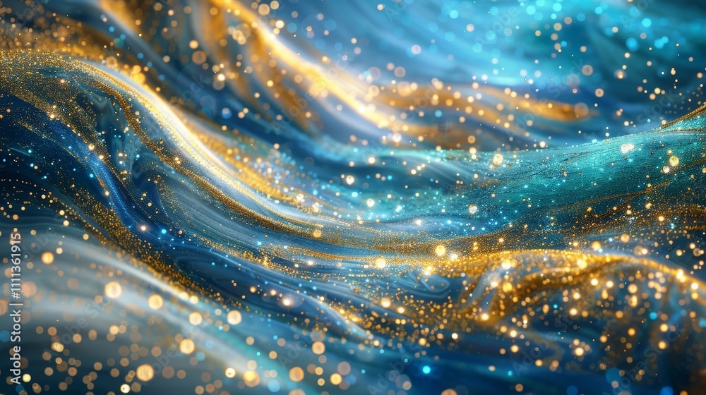 Golden particles and bokeh lights flowing over a blue wavy background, creating a magical and luxurious abstract wallpaper Golden particles and bokeh lights flowing over a blue wavy background, creating a magical and luxurious abstract wallpaper