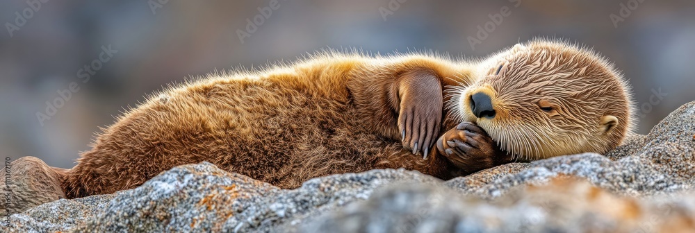 Obraz premium A peaceful otter resting on a rock, showcasing its adorable features and natural habitat.