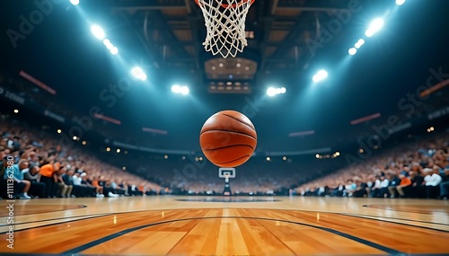 A basketball ball floating below a basketball hoop in court arena with spectacles in stadium against spotlight in the background, sports concept
