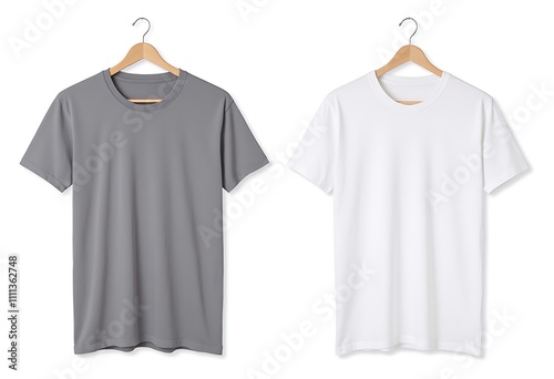 A gray t-shirt and a white t-shirt hanging on white background, fashion, lifestyle