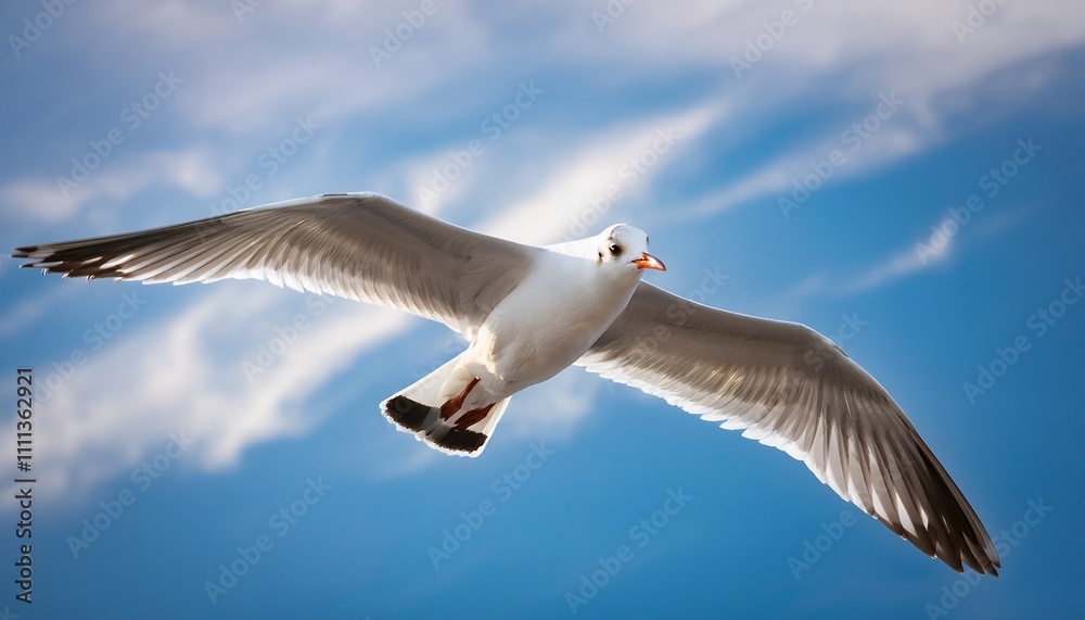 Seagull in flight against a blue sky with clouds. Seagull in flight against a blue sky with clouds.