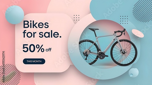 A bicycle advertising banner design in blue and pink color background photo