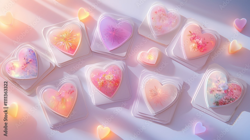 Collection of heart-shaped decorative items displayed on a soft surface in gentle lighting during a serene afternoon Collection of heart-shaped decorative items displayed on a soft surface in gentle lighting during a serene afternoon