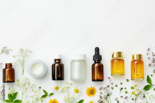 Explore various skin care products including jars, tubes, oils, and serums beautifully arranged on a white background with floral accents. Generative AI photo