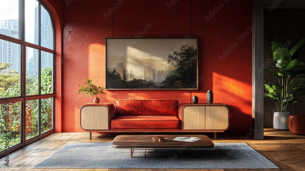 Modern interior design showcases a stylish dining cabinet with a vibrant red color scheme, creating a bold and modern atmosphere. The design combines exquisite furniture and vivid colors Modern interior design showcases a stylish dining cabinet with a vibrant red color scheme, creating a bold and modern atmosphere. The design combines exquisite furniture and vivid colors