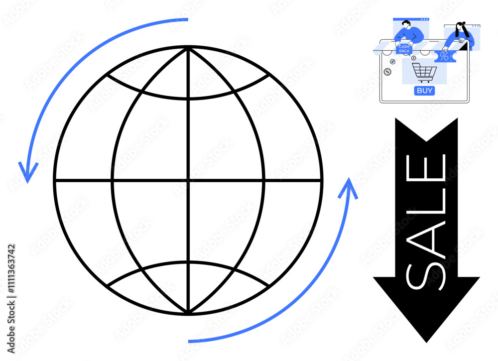Globe with curved arrows symbolizing global reach, shopping cart with Buy button, and downward Sale arrow. Ideal for online shopping, sales, discounts, e-commerce, international trade, digital Globe with curved arrows symbolizing global reach, shopping cart with Buy button, and downward Sale arrow. Ideal for online shopping, sales, discounts, e-commerce, international trade, digital