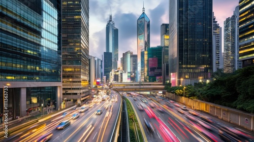 A panoramic view of a bustling cityscape with skyscrapers and traffic below, Urban scene, Dynamic and vibrant style