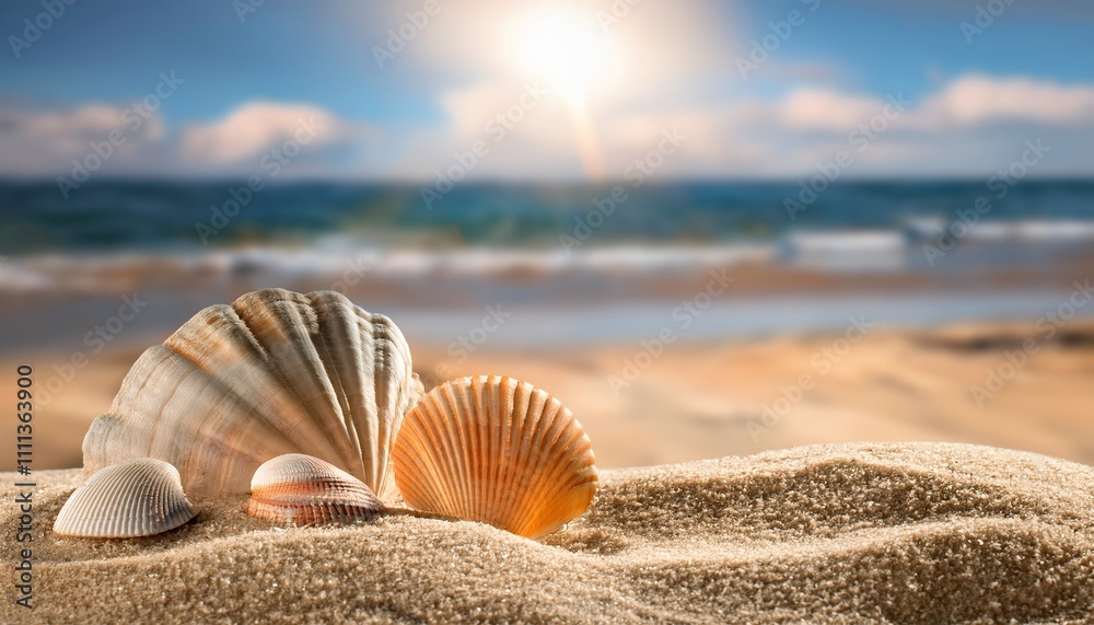 Seashells on sandy beach, ocean background.