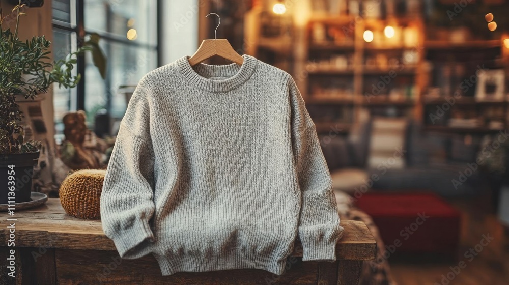 Cozy Grey Knit Sweater Hanging on Wooden Hanger in a Rustic Interior Cozy Grey Knit Sweater Hanging on Wooden Hanger in a Rustic Interior