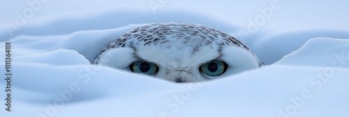 A snowy owl partially concealed in snow, showcasing its striking eyes.