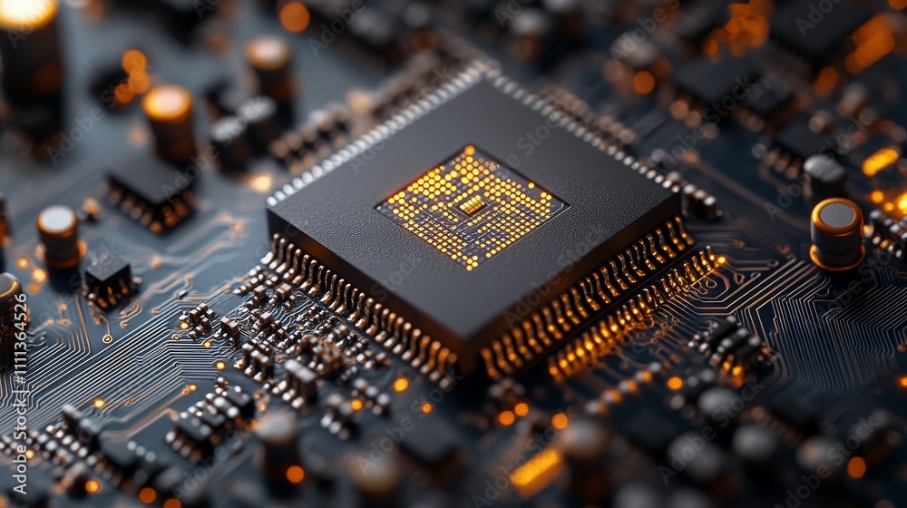 Close-up of a high-tech circuit board with glowing microchips and intricate gold wiring, set against a dark, high-contrast background, showcasing precision, modern technology, and innovation.