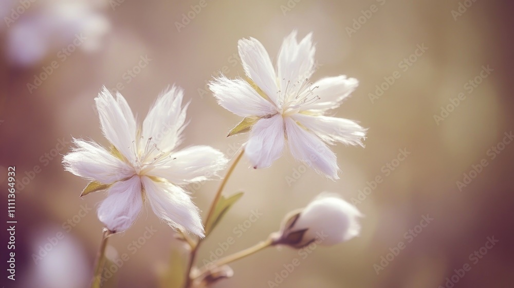 Obraz premium Delicate White Flowers Bloom Softly in Sunlight, Nature's Gentle Beauty Unveiled.