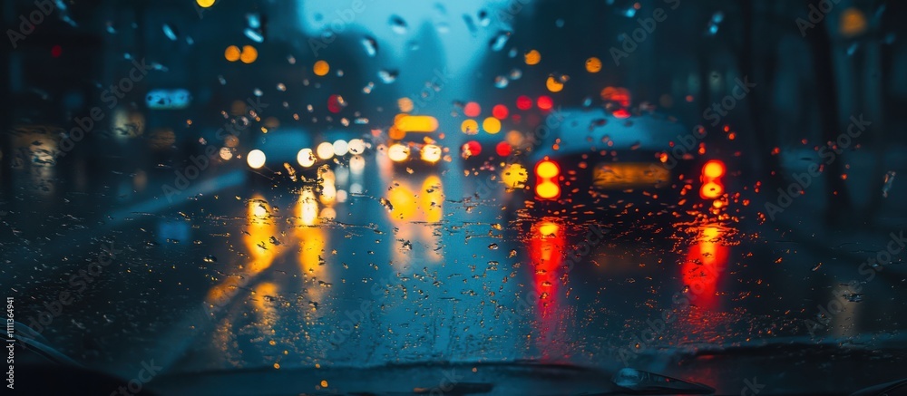 A view through a rain-splattered car windshield of traffic lights and blurred cars. A view through a rain-splattered car windshield of traffic lights and blurred cars.