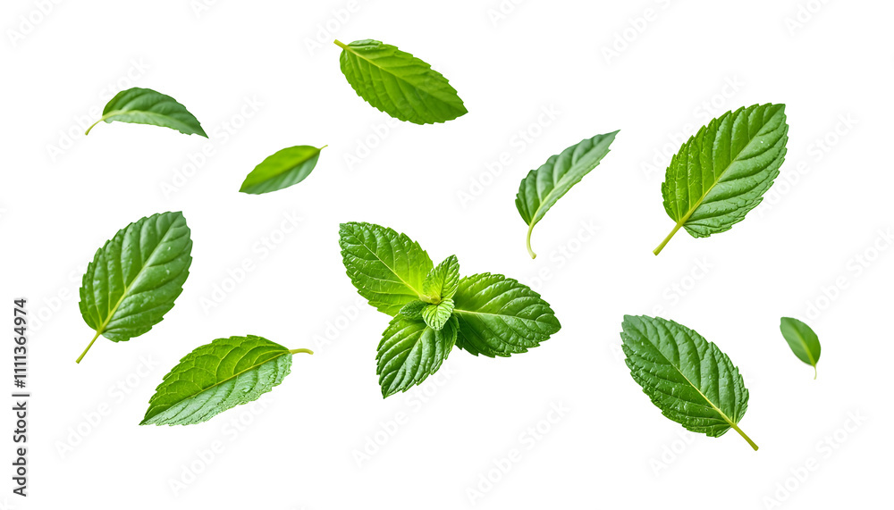 fresh mint leaves floating in mid-air, each leaf in varying sizes and orientations isolated on transparent background