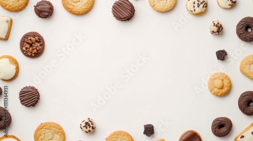 A delightful variety of cookies and sweets are artistically laid out on a clean white surface, perfect for adding a personalized message. Generative AI