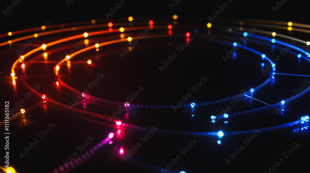 Abstract black background with Colorful circle lines. Digital future technology . Abstract business connection of lines from nodes innovation of communication in the network. Abstract black background with Colorful circle lines. Digital future technology . Abstract business connection of lines from nodes innovation of communication in the network.
