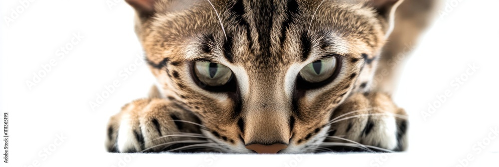 A close-up of a Bengal cat in a crouching position, showcasing its striking features. A close-up of a Bengal cat in a crouching position, showcasing its striking features.