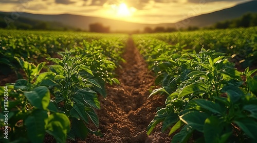 Modern technology in chili farming. Industrial drones fly over green chili fields and spray pesticides. increase productivity