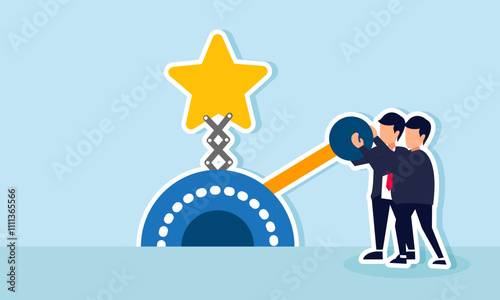 Two businessmen collaborate pulling a lever that moves a star machine, illustration of teamwork in improving business rating and quality