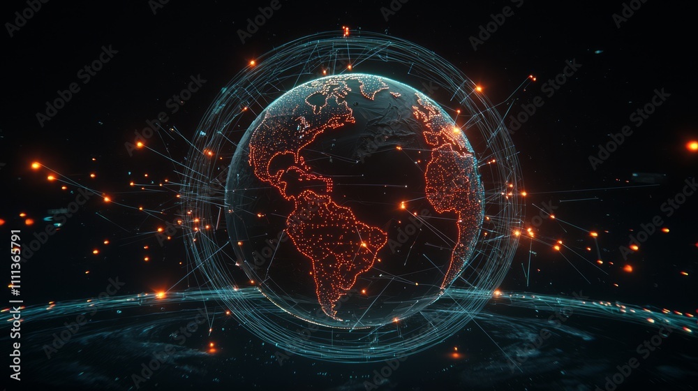 Obraz premium Global Network Connection Visualization with Energetic Particles