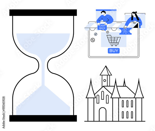 Hourglass indicating time, online shopping with cashback and discounts, medieval castle. Ideal for e-commerce promotions, time management, loyalty programs, historical themes, technology, finance