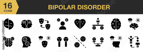 Bipolar Disorder solid icon set. Includes face, mental, stress, health, sad, anxiety, and More. Solid icons vector collection.