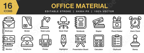 Office Material icon set. Editable Stroke Icon Collection. Includes office, material, stationery, work, notebook, pen, and More. Outline icons vector collection.