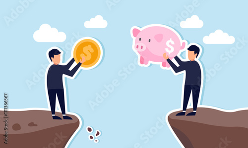 A businessman holds a coin on one side of a chasm while another holds a piggy bank on the other side, illustration of challenges in business investment