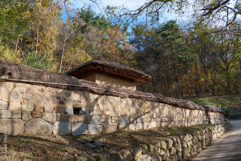Landscape with old Korean thatched houses and walls Landscape with old Korean thatched houses and walls
