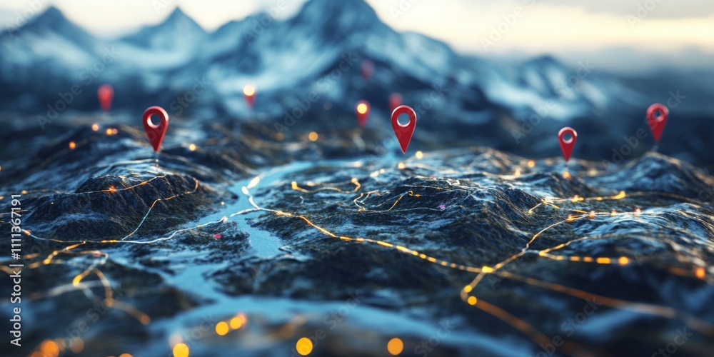 GPS Navigation Mountain Route Map with Location Pins