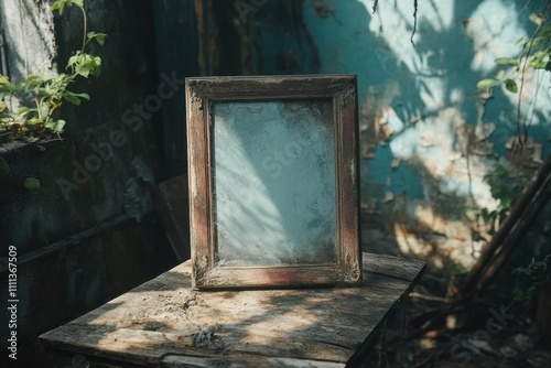 Vintage Wooden Frame on Weathered Wood, Rustic and Abandoned photo