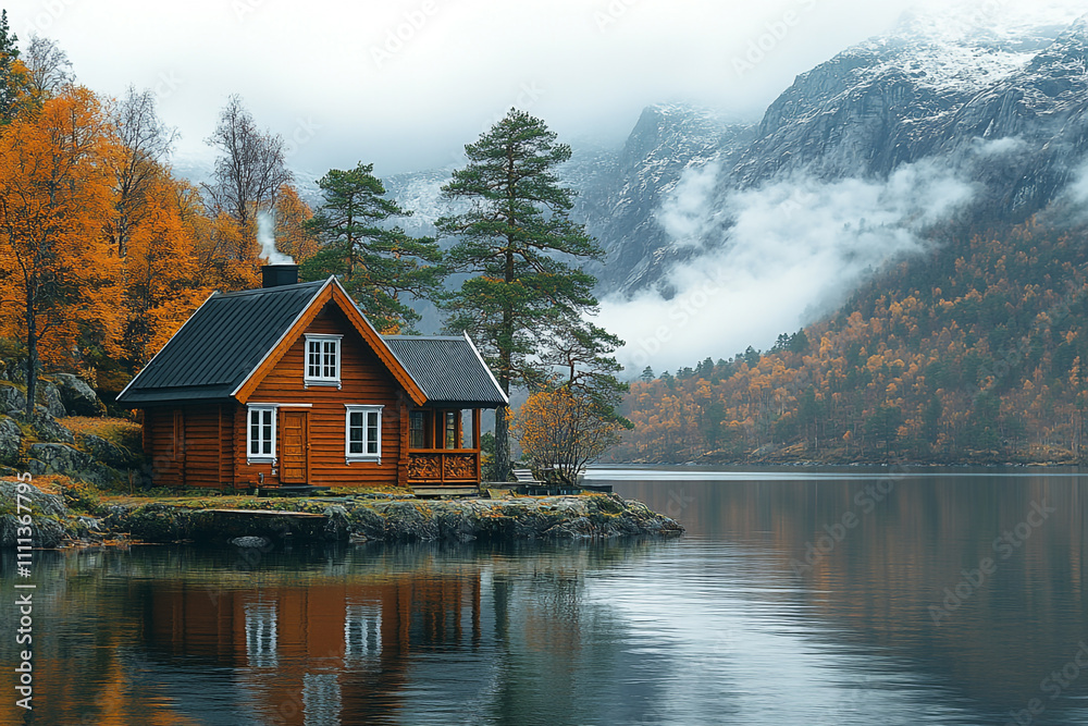 Cozy Cabin Nestled Beside Autumnal Lake Mountains Cozy Cabin Nestled Beside Autumnal Lake Mountains