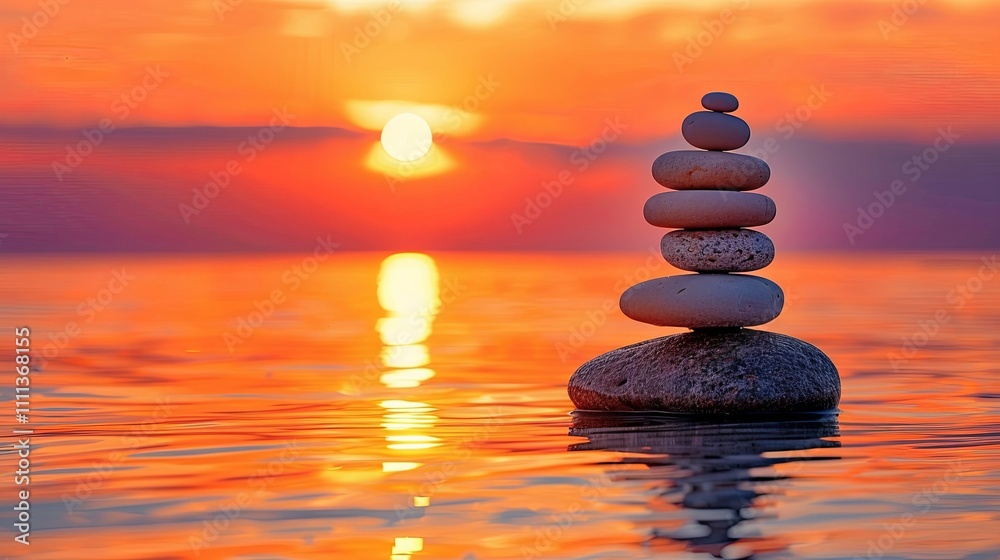 Serene Stone Stack at Sunset, Calm Waters Reflecting Golden Light Serene Stone Stack at Sunset, Calm Waters Reflecting Golden Light