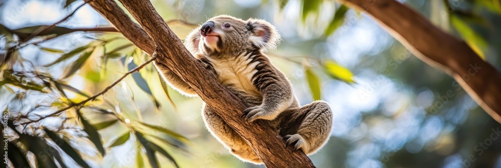 A koala resting on a tree branch amidst a natural setting. A koala resting on a tree branch amidst a natural setting.