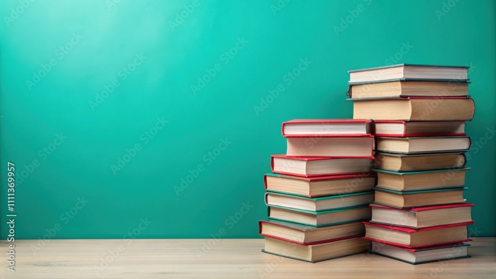 Neat stacks of books with blank label covers in red, gray, and teal tones on a contrasting green background , education Neat stacks of books with blank label covers in red, gray, and teal tones on a contrasting green background , education