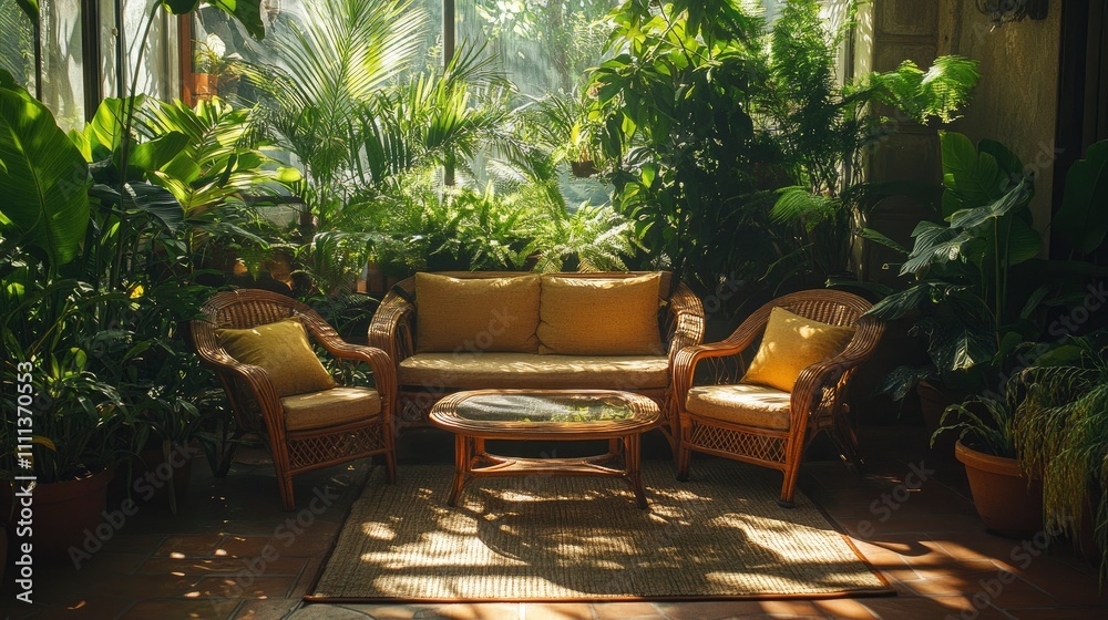Fototapeta premium A cozy seating area surrounded by lush greenery in a tranquil indoor space.