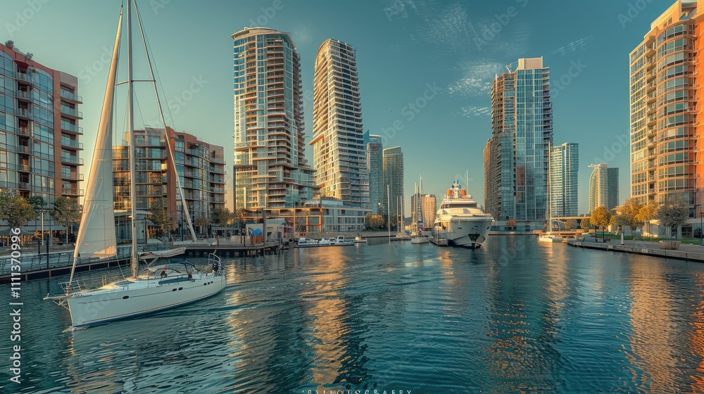 Obraz premium Beautiful harbor city with sailboats and modern high-rises