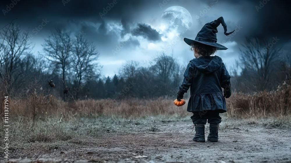 Child in witch costume trick-or-treating spooky forest halloween celebration nighttime magical adventure