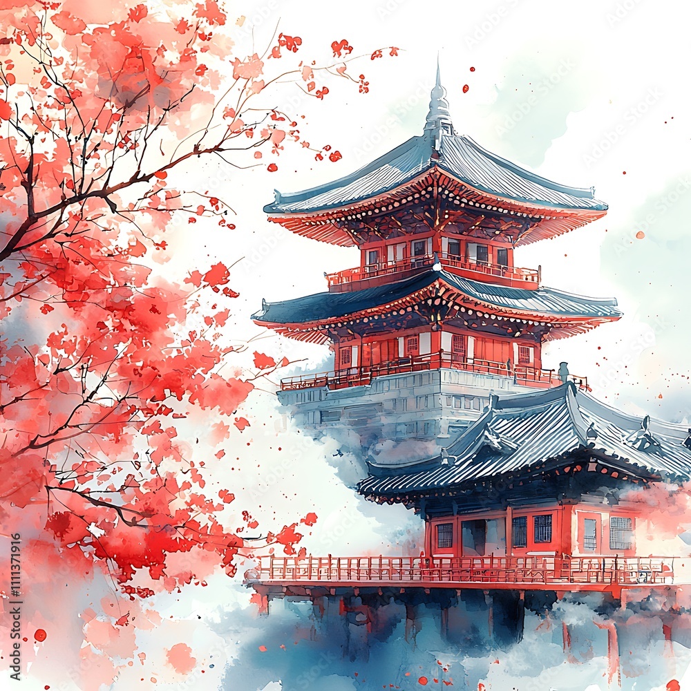 Watercolor Painting of a Traditional East Asian Pagoda and Cherry Blossoms. Watercolor Painting of a Traditional East Asian Pagoda and Cherry Blossoms.