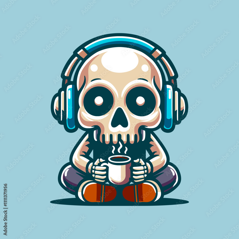 Skull With Headset Drink Coffee Cartoon Vector Art, Illustration and Graphic Skull With Headset Drink Coffee Cartoon Vector Art, Illustration and Graphic