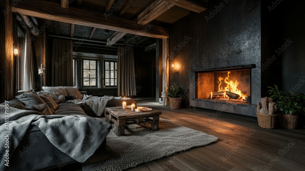 Fototapeta premium Cozy rustic living room with fireplace home interior design warm lighting inviting atmosphere comfort concept