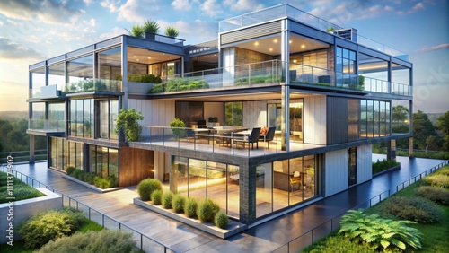 Futuristic multi-level house with modular sections  glass facades  and rooftop garden  futuristic  house  modular  glass