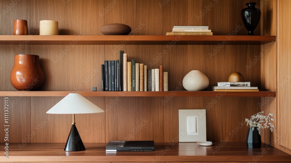 Modern home office with a wooden wall, built-in shelves, and decorative vases. A close-up detail of a desk lamp highlighting contemporary interior design elements for a stylish workspace atmosphere. Modern home office with a wooden wall, built-in shelves, and decorative vases. A close-up detail of a desk lamp highlighting contemporary interior design elements for a stylish workspace atmosphere.