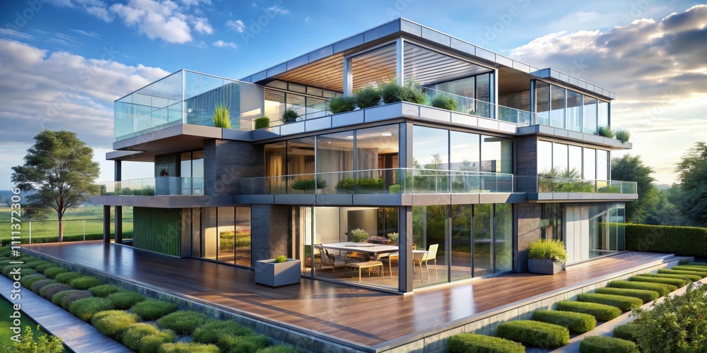 Futuristic multi-level house with modular sections, large glass facades, and rooftop garden under clear sky Futuristic multi-level house with modular sections, large glass facades, and rooftop garden under clear sky