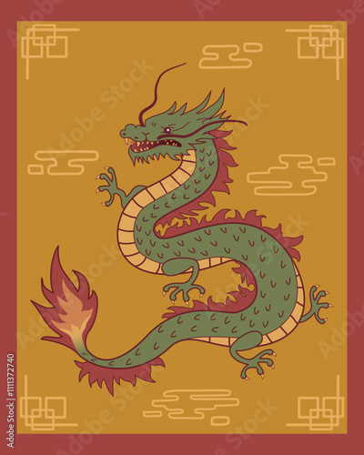 Traditional Chinese Dragon Illustration With Ornate Border and Cloud Motifs