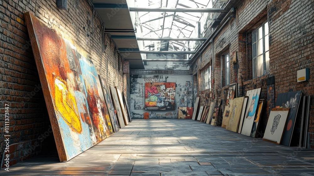Fototapeta premium An art gallery space with colorful paintings displayed against a brick wall.