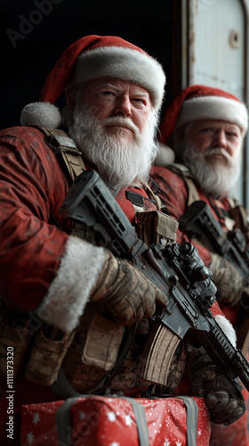 Santa Claus Soldiers in Tactical Gear Holding Rifles and Christmas Gifts