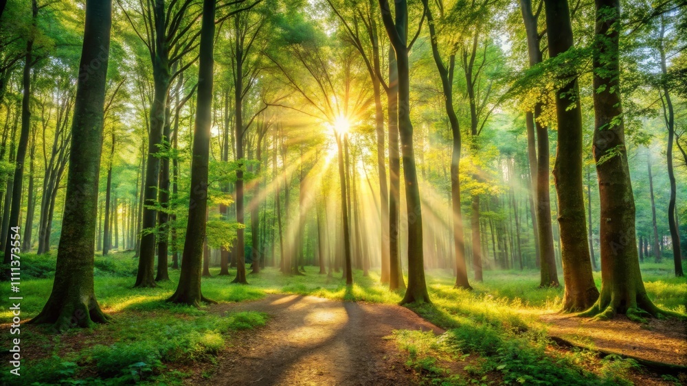 Obraz premium Beautiful forest panorama with large trees and bright sun, nature, forest, landscape, lush, greenery, outdoors