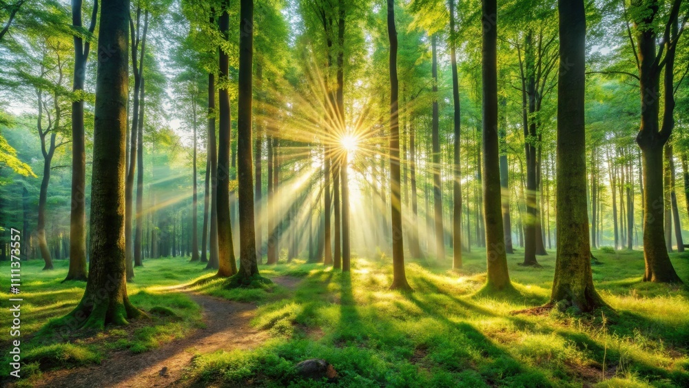 Obraz premium Beautiful forest panorama with large trees and bright sun, nature, landscape, scenic, forest, woods, trees, sunlight
